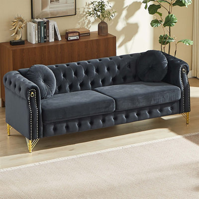 Canapé Chesterfield de 82 pouces en velours avec boutons capitonnés, clous en cuivre et anneau d'accoudoir pour un décor personnalisé