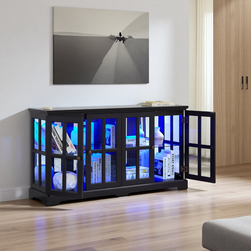 Vitrine à DEL avec vitrine antique avec portes en verre et tablettes réglables, Noir