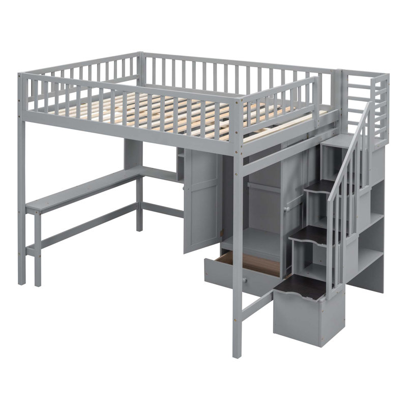 Jamner Kids Twin Loft Bed with Drawers, Gray, Full