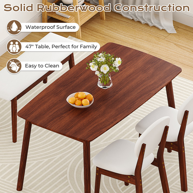 47''Dining Table Set For 4,Solid Wood Kitchen Table With Bench And 2 Chairs With Upholstered Backrest, Brown