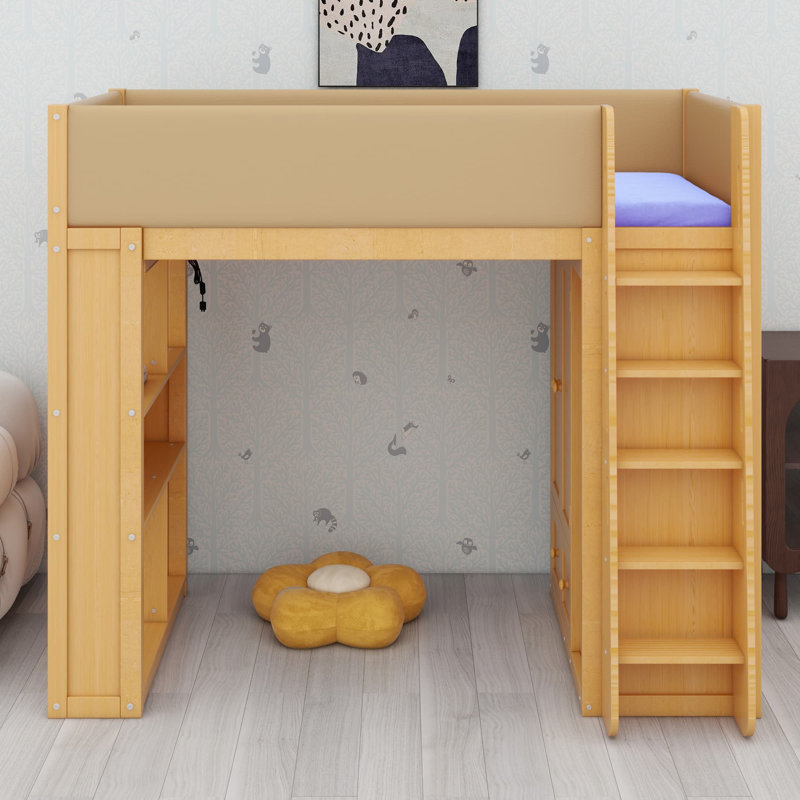 Lit mezzanine avec armoire, tiroirs et éclairage d'ambiance pour chambres peu encombrantes, Lit simple, Bois