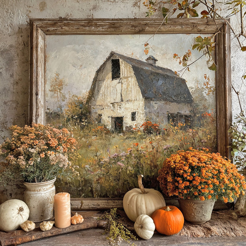 «Barn and Autumn Flowers», art mural sur toile tendue, H 20 po x l 20 po
