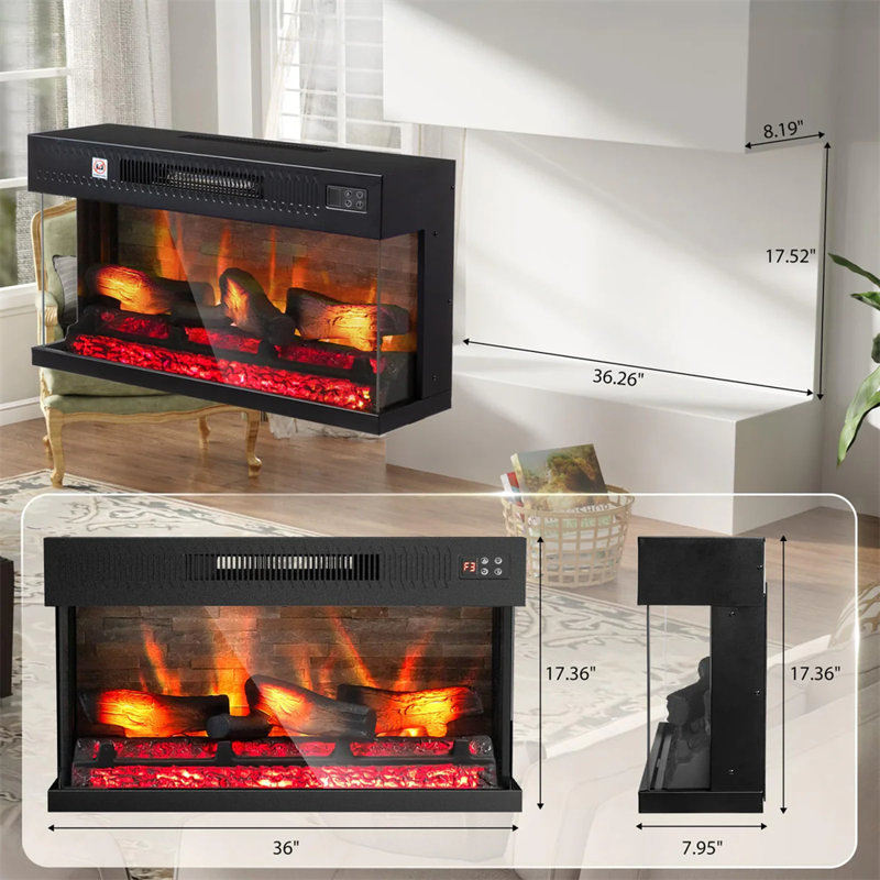 36 po Foyer électrique encastrable avec 20 couleurs de flamme, H 17,36 po x l 36 po x P 8,07 po