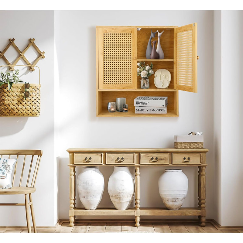 Bamboo Wall-Mounted Over-Toilet Cabinet, Rattan Doors & Adjustable Shelf, 22.99" H x 21.3" W x 5.98" D