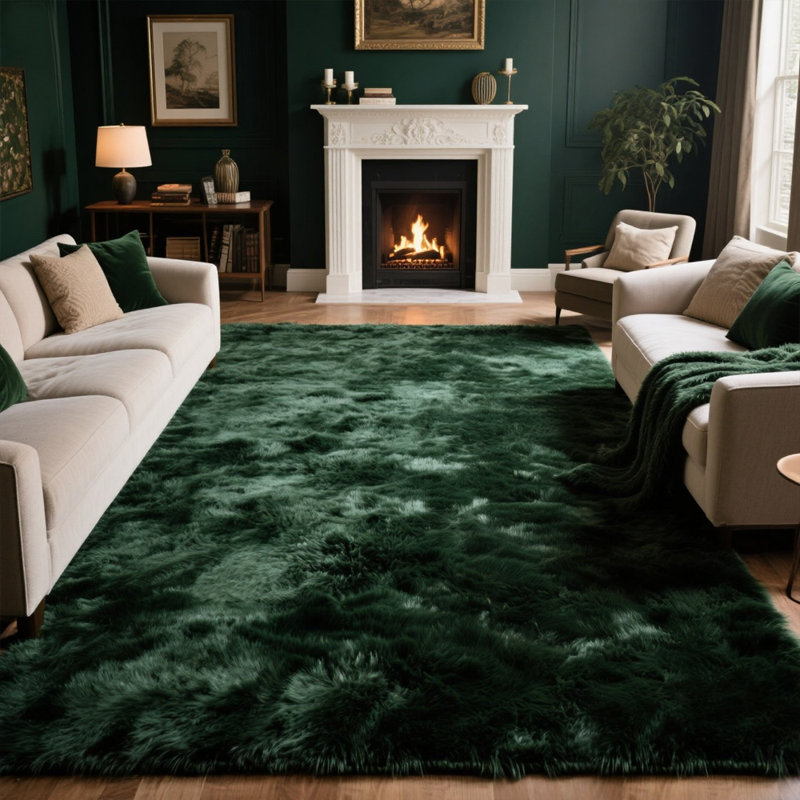 Stylish Fluffy Dark Green Plush Rug, Rectangle 8' x 10'