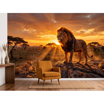 Adhésif mural lion safari | Papier peint coucher de soleil savane africaine | Lion majestueux et famille | Mur de la faune | Décoration de chambre de bébé safari 473DRE