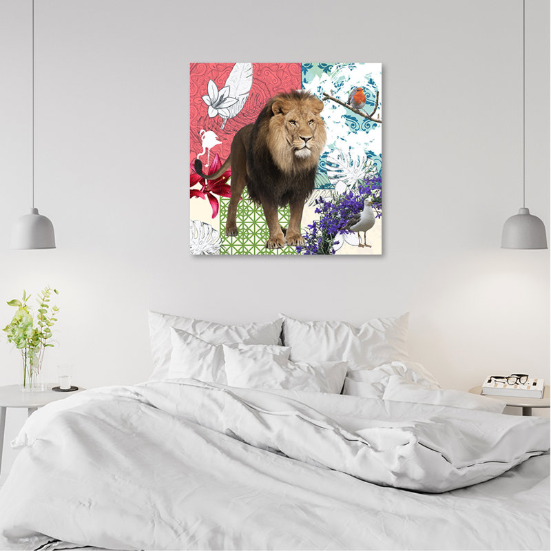 A Lion And Birds Collage - No Frame Print on Canvas, 30cm H x 30cm W