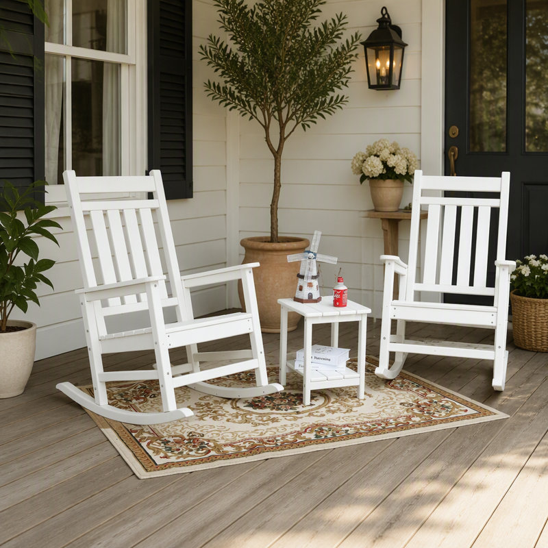 Ensemble de chaises berçantes toutes saisons avec table d'appoint, mobilier de patio 3 pièces au design ergonomique et finition en bois