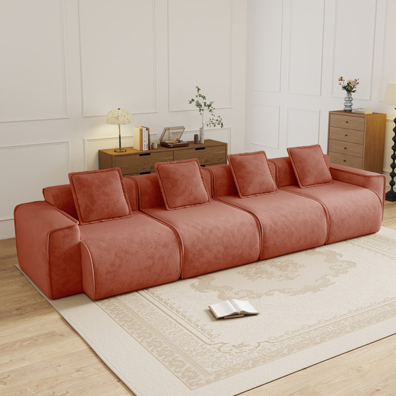 Canapé modulaire à 4 sièges profonds avec passepoil à bordure française, sans assemblage requis, canapé moderne à 4 places avec coussins décoratifs, tissu de velours rouge