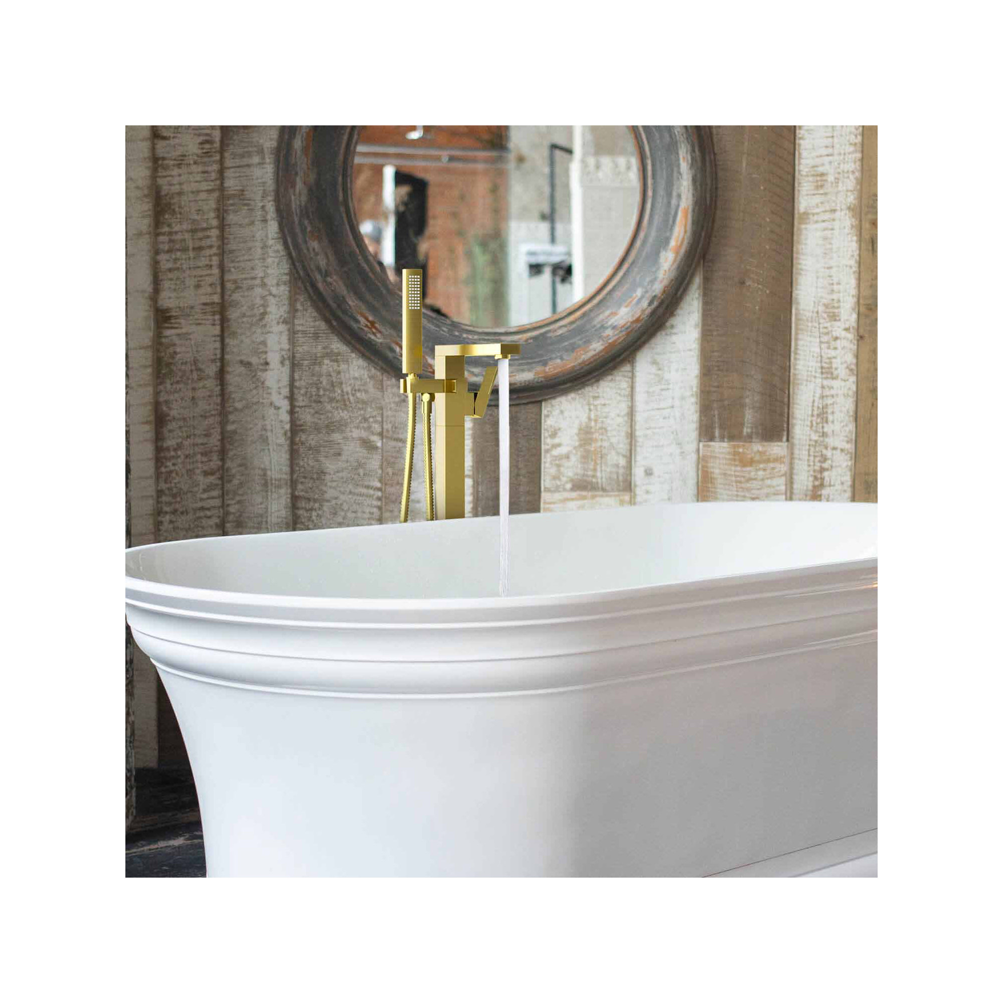 Cube Floor Tub Spout with Diverter, Brushed Gold