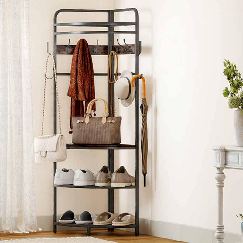 Corner Clothing Racks Freestanding Metal Coat Racks with Hooks Clothes Rack with Storage Shelves for Home Bedroom Living Room