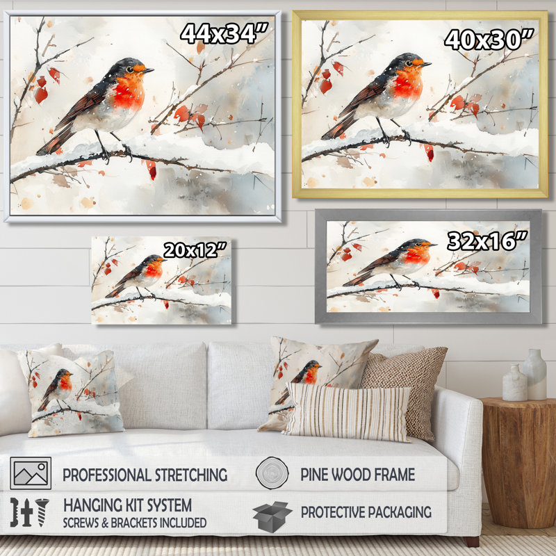 Oiseau Robin sur une branche enneigée I - oiseau, art mural, H 12 po x l 20 po, Cadre flottant, Doré