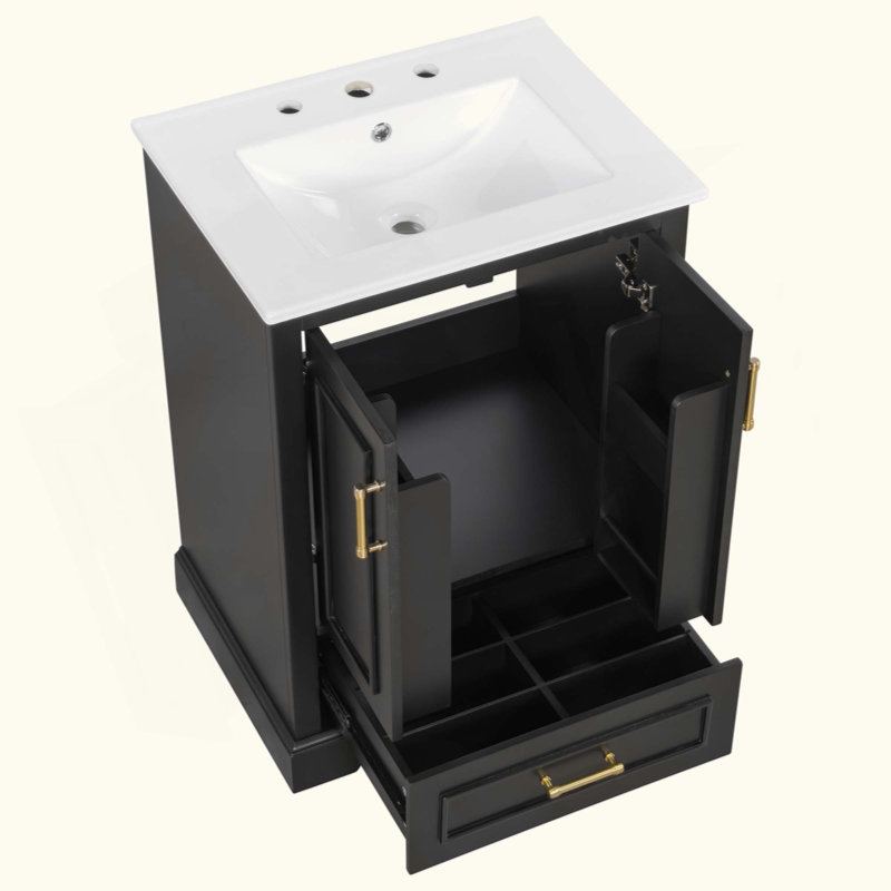 Meuble-lavabo de salle de bain avec lavabo, armoire en panneau de fibres à densité moyenne avec cadre en bois massif, 1 tiroir divisé et 2 portes à fermeture douce avec supports de rangement à deux portes, meuble-lavabo autoportant