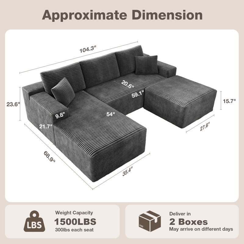 Koli Boneless U-shaped Cloud Sectional Sofa Couch, Compression Modular Sofa, Corduroy, Left Hand Facing, Gray Velvet