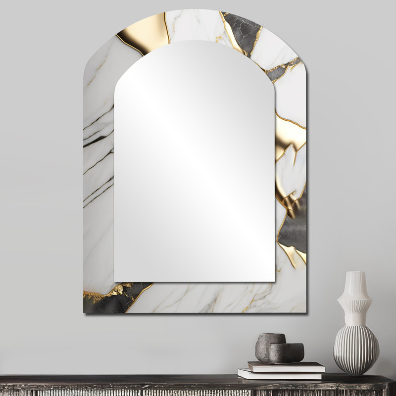 Abstract Geode Marble White And Gold I - Marble Asymmetrical Large Mirror, Modern Arch Decorative Wall Mirror, Printed Metal Art