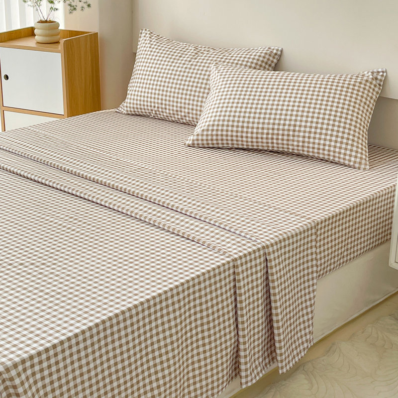 Ensemble de draps en vichy, microfibre prélavée ultra-douce, Guingan brun clair
