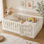 Lit Montessori au sol en bois massif pour enfants, cadre de lit bas avec barrière de sécurité haute et porte intégrée, sans sommier, beige-1803345449-1803345460