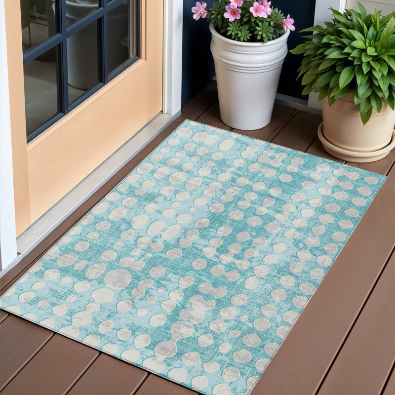 3' X 5' Teal Blue And Ivory Abstract Washable Indoor Outdoor Area Rug