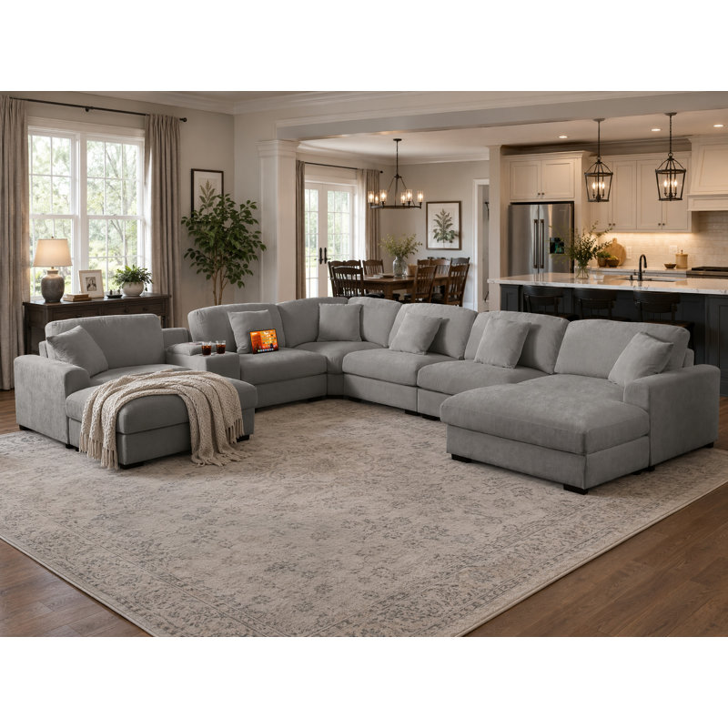 Canapé modulaire surdimensionné en chenille surdimensionné avec deux grands repose-pieds, Chenille gris pâle