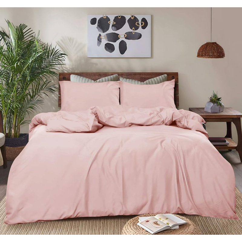 Microfiber Solid Colour Duvet Cover Set, Double Bed Duvet Cover + 2 Pillowcases, Pink