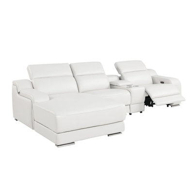 Skyline White Left-Facing 4-Piece L-Shaped Sectional In Genuine Leather With 1 Power Recliners & Adjustable Headrests