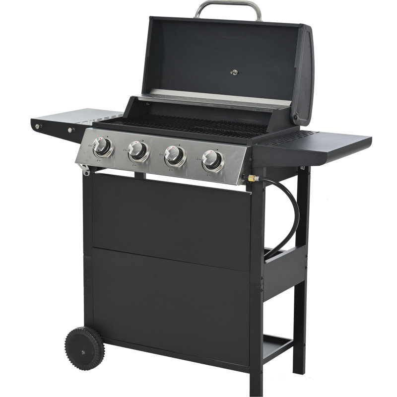 Barbecue au propane en acier inoxydable avec 4 brûleurs, avec deux tablettes, des roues et un couvercle pour brûleur de patio en acier