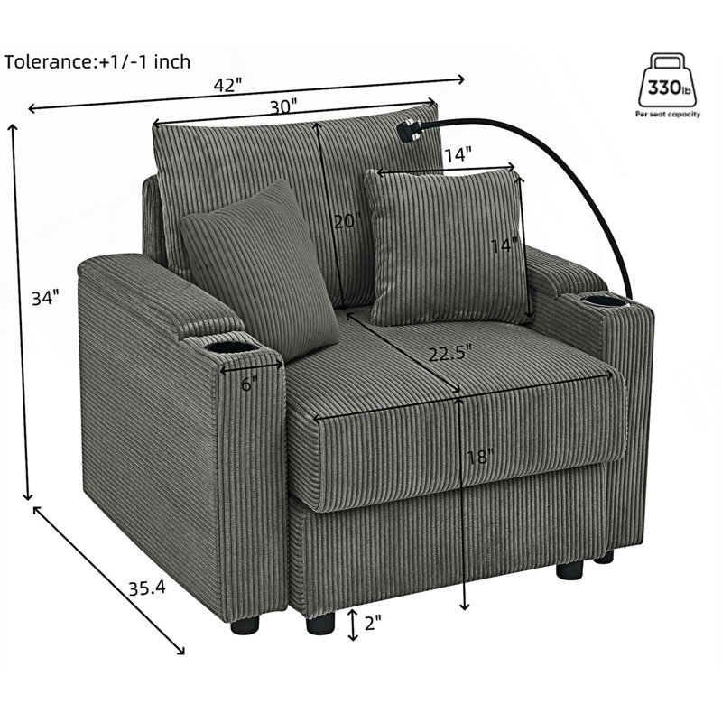 Accent Chair With Storage Armrest And Two Cup Holders, Grey