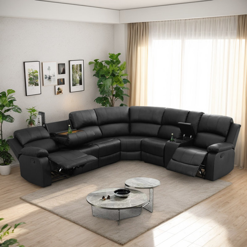 Canapé modulaire inclinable en cuir de luxe de 199 po avec console centrale et porte-gobelets (ensemble de 3)