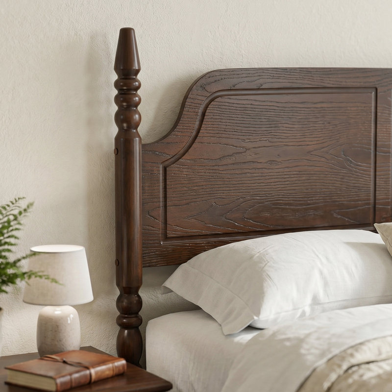 Elorien King Size Modern Farmhouse Solid Wood Platform Bed Frame, ERB-42-K, with Turned Spindle & Panel Headboard, Espresso Oak, No Box Spring Needed