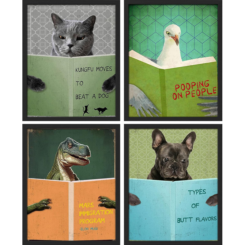 Chat, oiseau, dinosaure, chien, reproduction encadrée de 4 pièces, Cadre noir, H 14 po x l 11 po x P 1 po