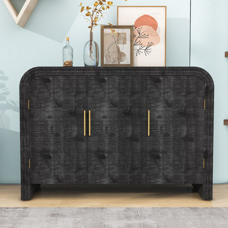 Hailyn Retro Minimalist Curved Sideboard with Gold Handles and 2 Cabinets, Antique Black