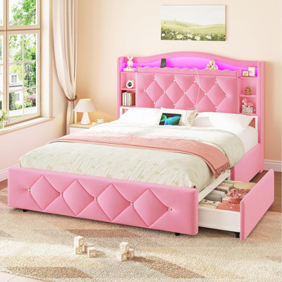 Full Size Bed Frame With 4 Storage Drawers,Shelves,Led Lights And Charging Station, Diamond Tufted Velvet Upholstered Princess Platform Bed With Bookcase Headboard And Hidden Storage Space,Pink