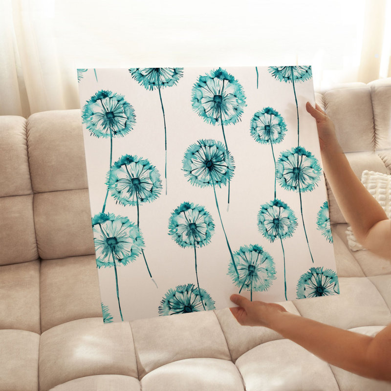 «Botanical Turquoise Teal Dandelions III», reproduction d'art moderne sans cadre, H 18 po x l 18 po