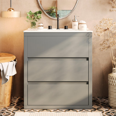 Meuble-lavabo gris de 30 po avec lavabo en céramique, rangement spacieux à deux tiroirs, système sans poignée à 45 biseaux, glissières à fermeture en douceur, design moderne avec tiroir gris