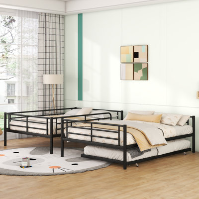 Full Over Full Metal Bunk Bed with Trundle, Chrome Finish, Space-Saving Design for Kids and Teens