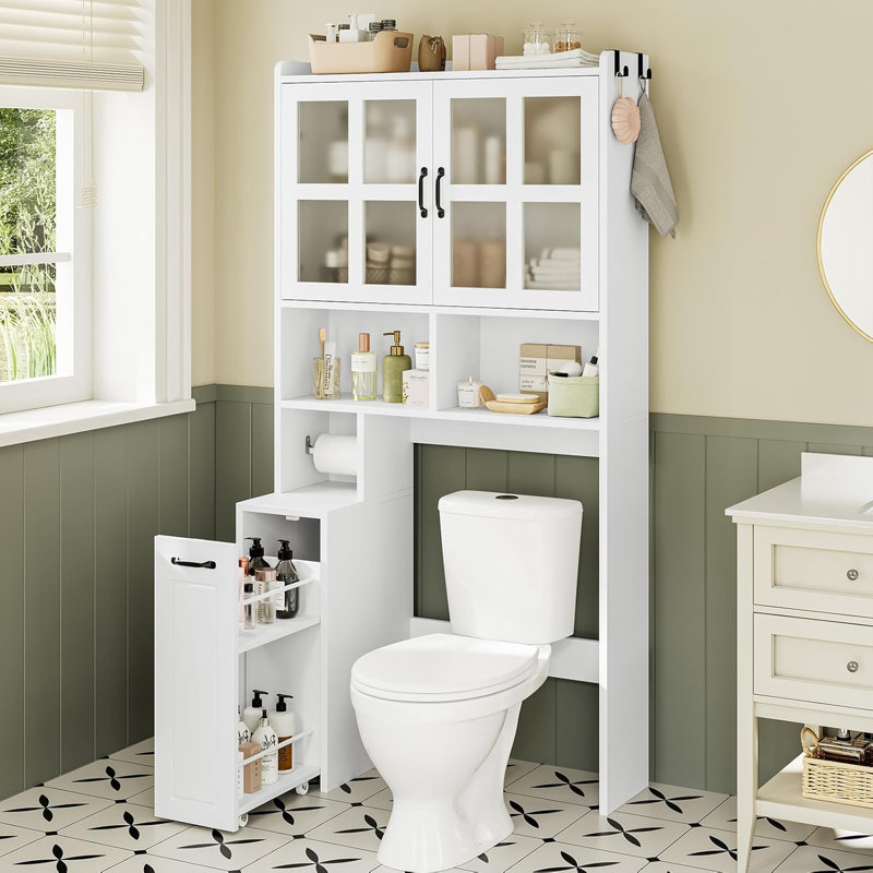 Armoire de rangement au-dessus de la toilette avec poulie et portes en verre, blanc
