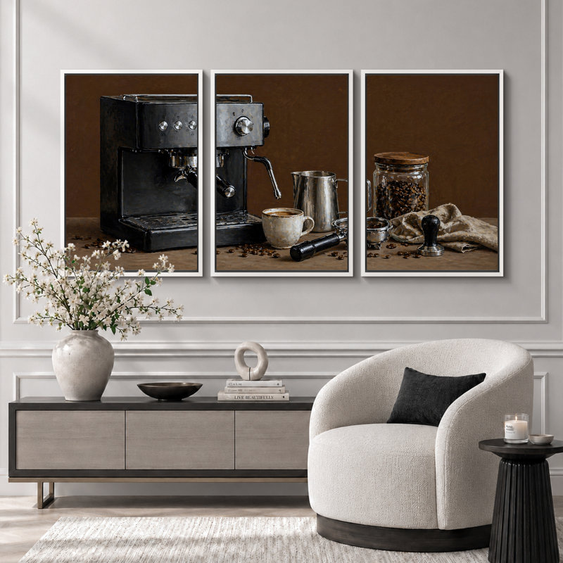 «Black Espresso Machine Coffee Bar», art de cuisine, impression sur toile encadrée, 3 pièces, H 24 po x l 48 po x P 1,5 po