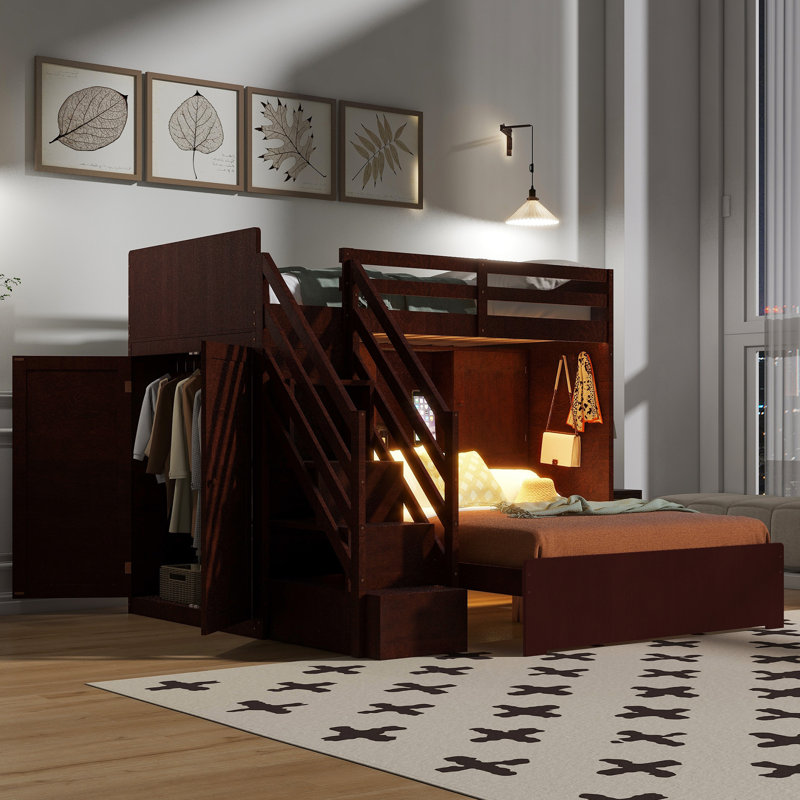 Lit superposé simple au dessus d'un lit double avec escalier de rangement, garde-robe, port USB et lumière, Espresso