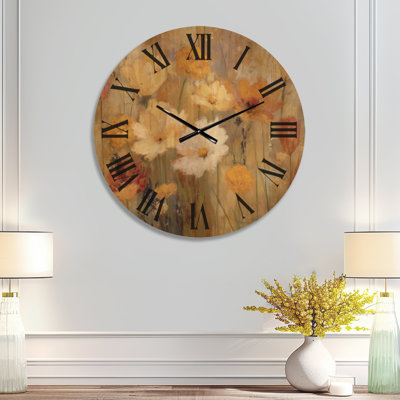Oversized Botanical Wood Wall Clock – Autumn Wildflower Fields