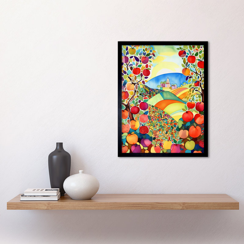 Apple Tree Orchard Fields In Summer Folk Art Landscape Watercolour Painting Art Print Framed Poster Wall Decor 12x16 inch