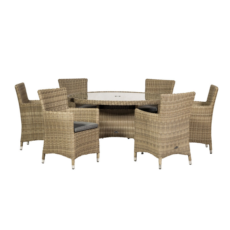 WENTWORTH 6 Seater Round Carver Dining Set (1 x 140cm Table & 6 x Chairs inc Cushions), Brown