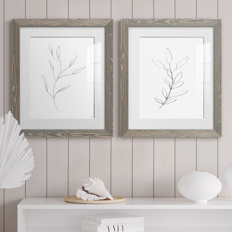«Botanical Gesture I», ensemble de 2 reproductions, H 24 po x l 36 po x P 1,5 po, Cadre en papier gris, Blanc