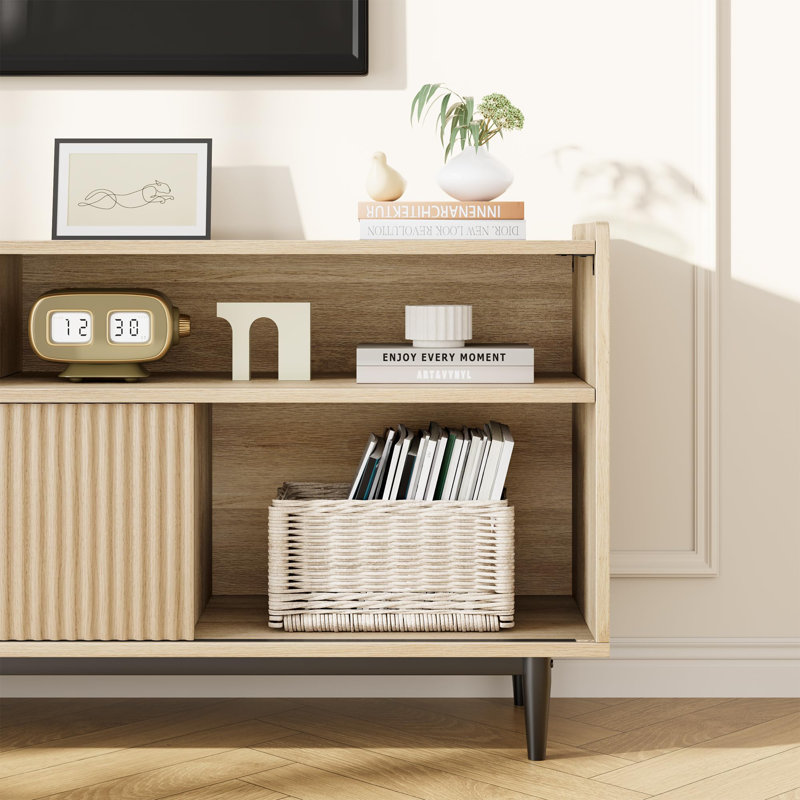 Meuble télé, meuble télé moderne avec portes coulissantes Boho, L 65 po, Bois de chêne