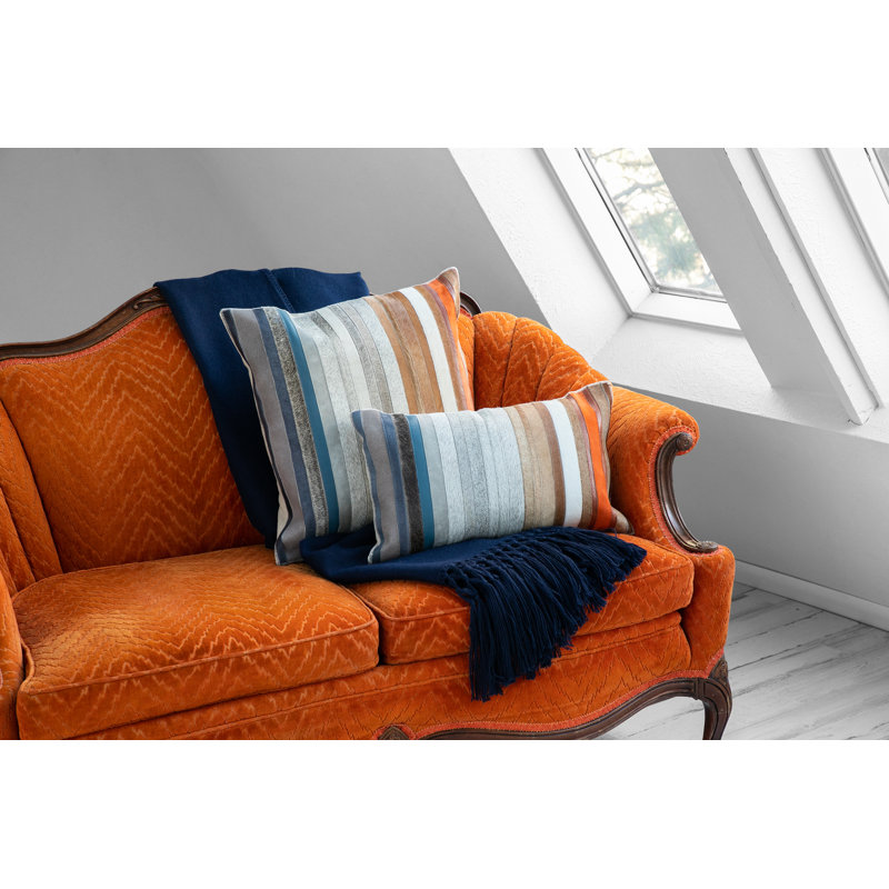 20" Square Multicolor Leather and Cotton Stripe Cushion