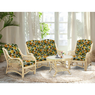Malibu Lounge Set Of 4: 2 Natural Rattan Wicker Chairs, Loveseat And Coffee Table W/Glass Handmade, Natural Color by Bay Isle Home