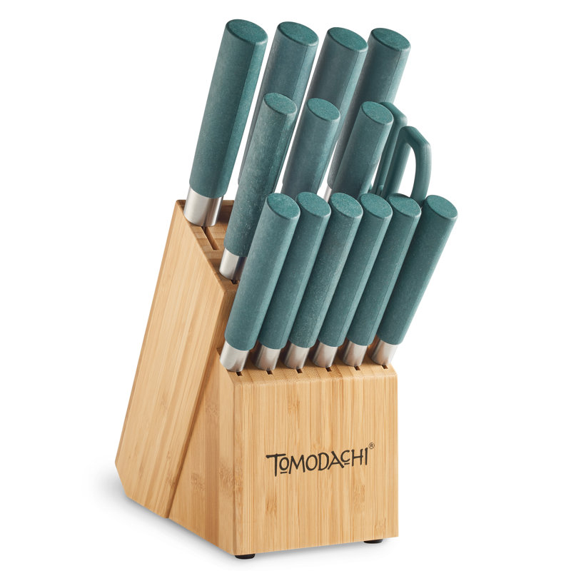 Haruto 15-Piece Turquoise Stainless Steel Knife Set with Block