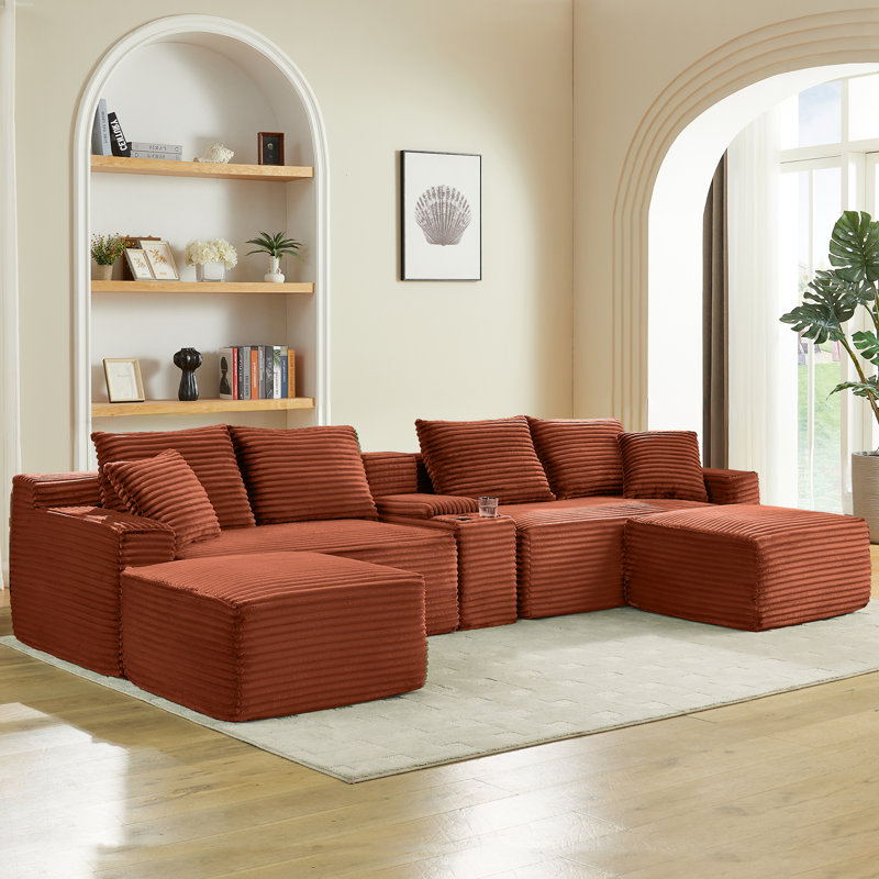 Modular Boneless Corduroy Sectional with Storage Console & USB No Assembly, Orange
