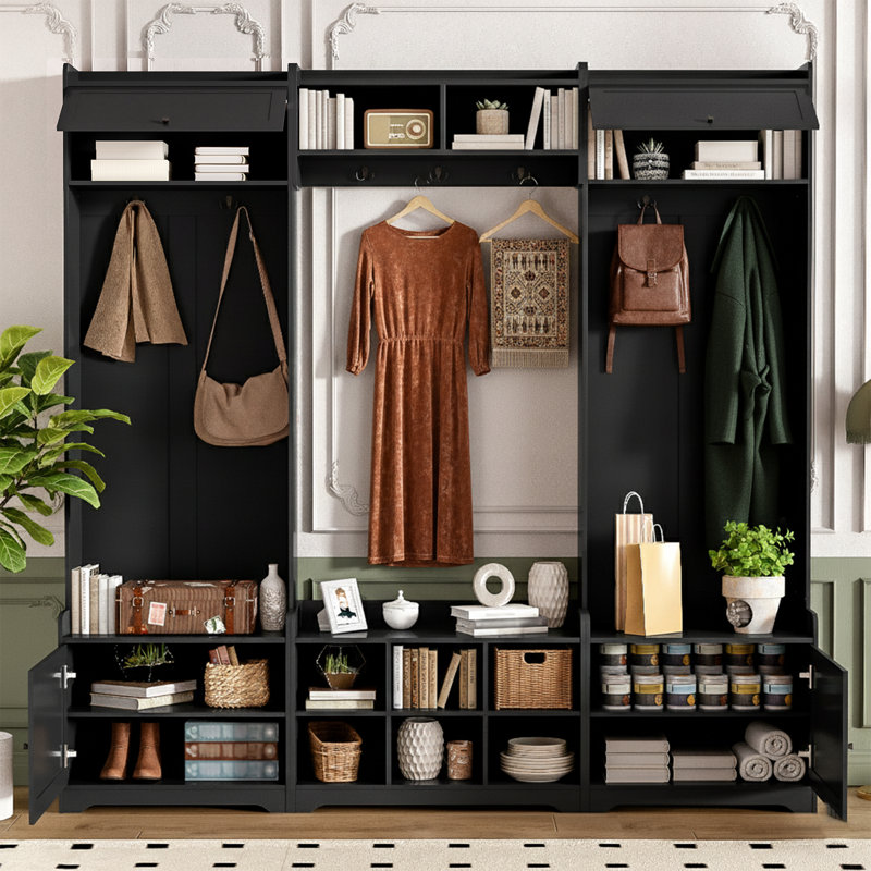 79'' W Extra-Wide Hall Tree Bench - 4-in-1 Entryway Storage, 8 Cubbies, Coat Hooks - Black, Black