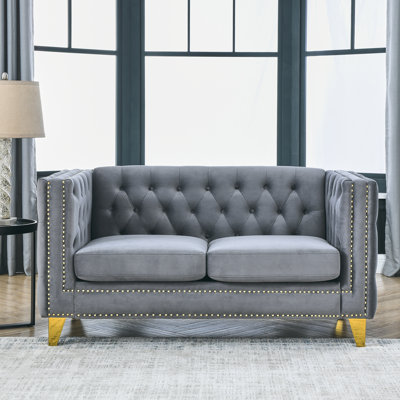Modern Velvet Sofa with Tufted Buttons and Metal Legs for Living Room and Bedroom