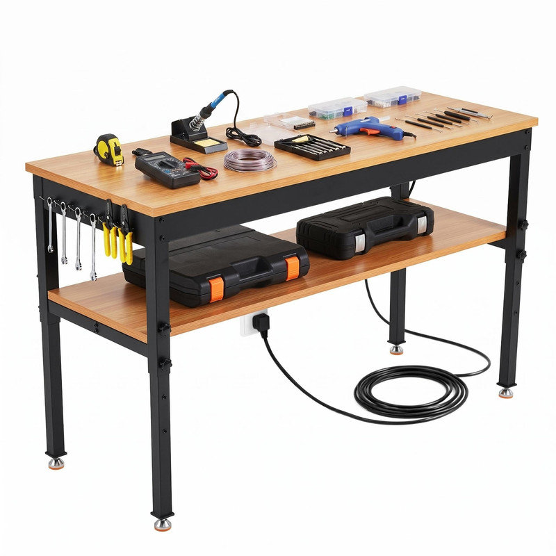 Établi réglable de 60 po avec prise de courant et tablette de rangement - capacité de 2 500 lb pour le garage, l'atelier ou la maison